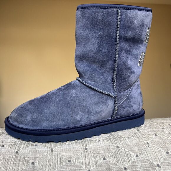 UGG Classic Short Swarovski Crystal Bow Boot Blue Suede Women 6 Sheepskin Cozy - Picture 2 of 16